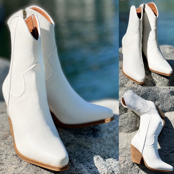 NEW Pointy Toe Stack Block Heel Western Curved Mid Ankle Booties Boots Off White - Picture 12 of 13